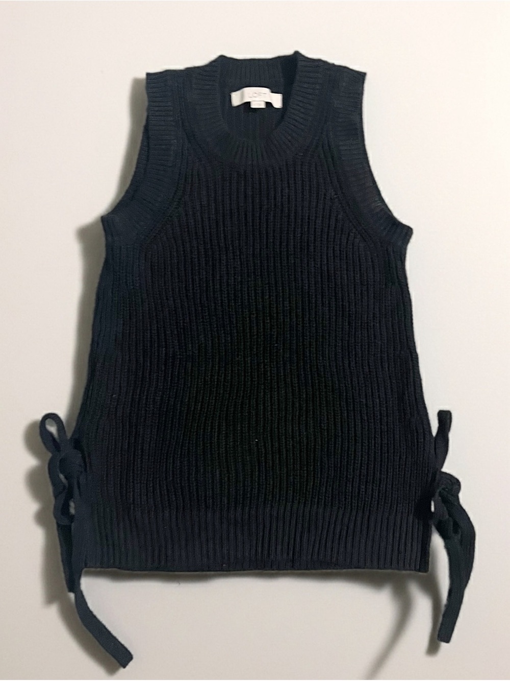 Loft Linen/Cotton Blend Black Sleeveless Rib Knit Side-Tie Sweater
